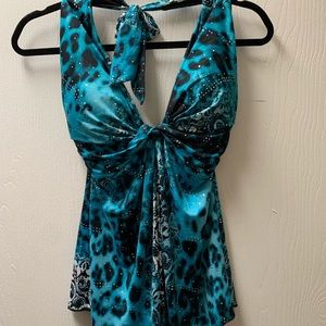 Teal, blue and black halter top w/shimmer accents